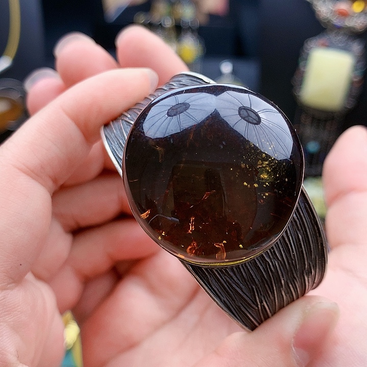 琥珀裸石银S925镶嵌手镯