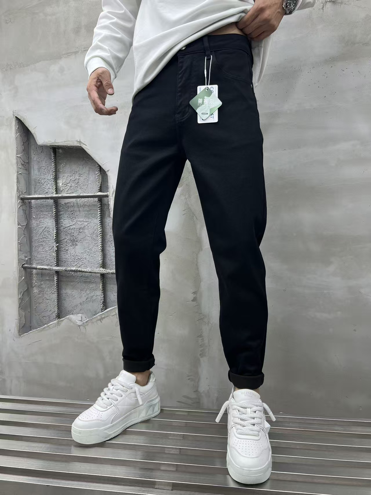 021冬季男款黑色底抓毛牛仔裤