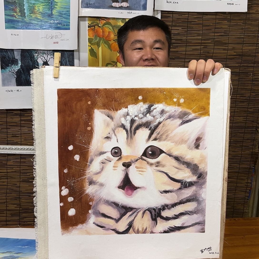 油画行路人小院绘画作品