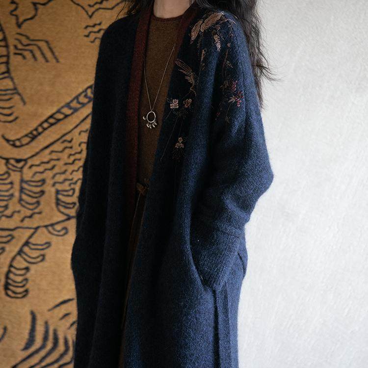 牧衣游原创手工刺绣马海毛澳毛混纺毛织长外套女冬慵懒感 梨花树