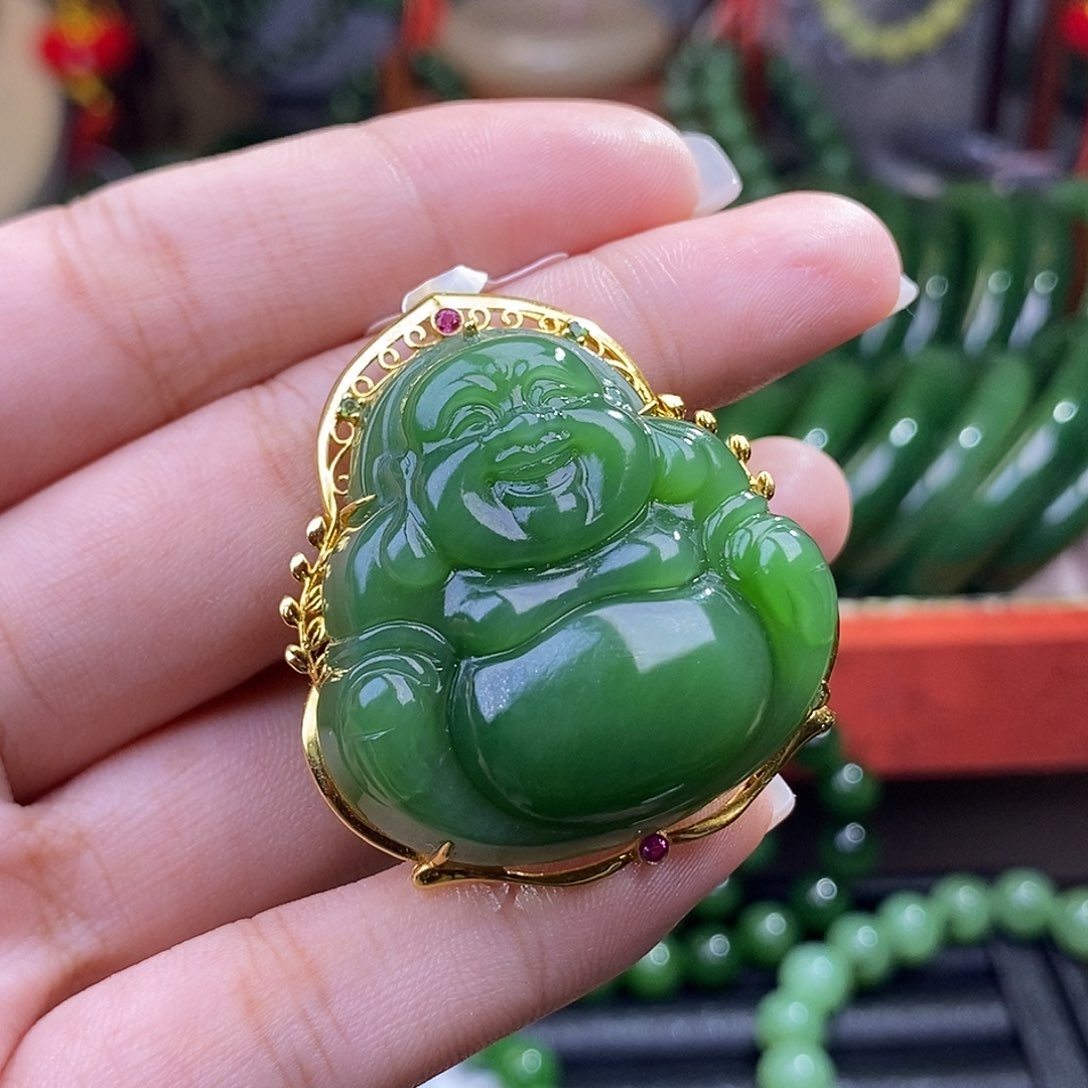 和田玉碧玉老矿阳绿金镶佛公未镶嵌