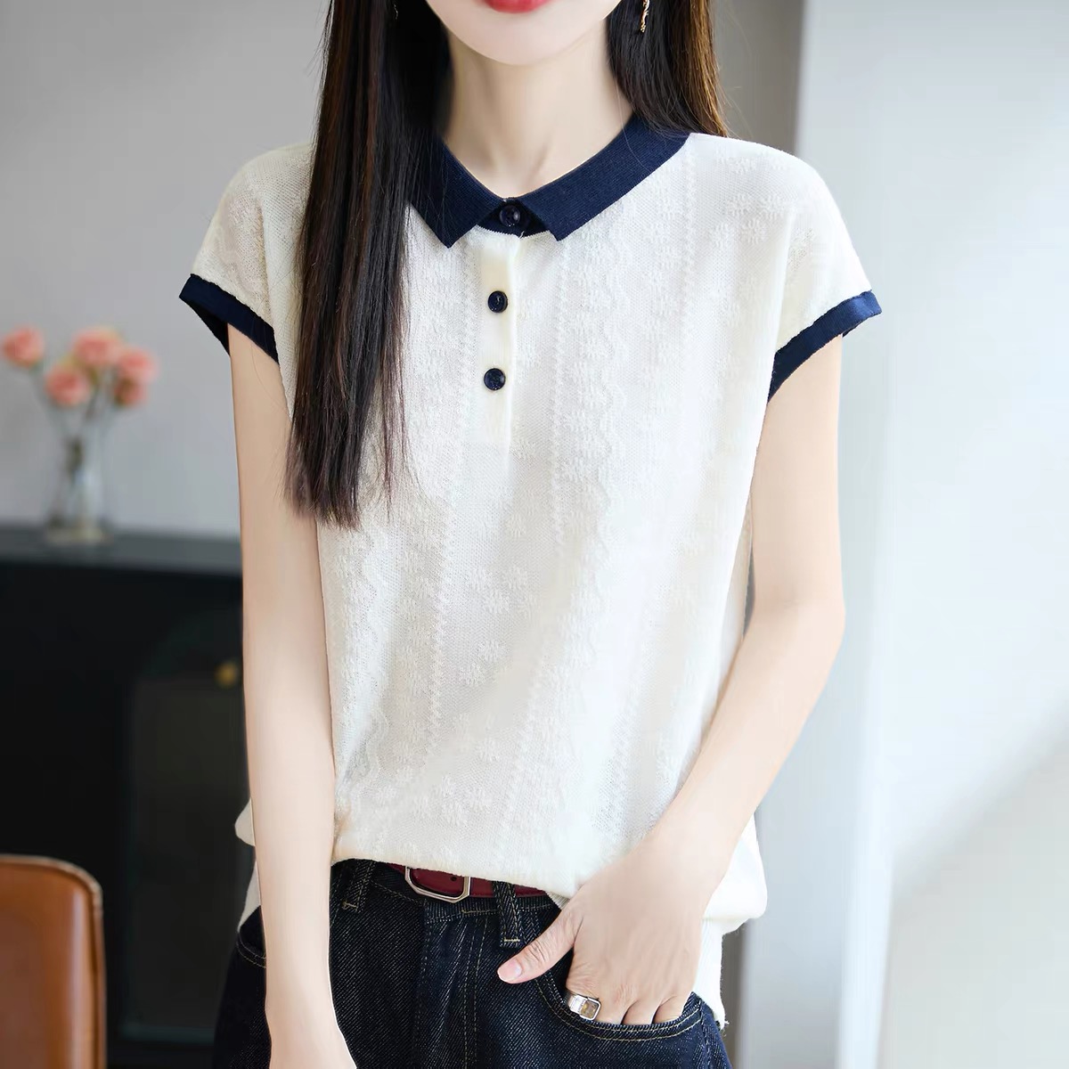 【有运费补贴】莱赛尔天丝~韩系减龄撞色夏季立体感提花夏季POLO领