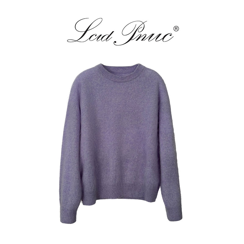LP【紫雾集】BaBy绒山羊绒100%风铃紫拉绒圆领长袖针织衫水洗纯色