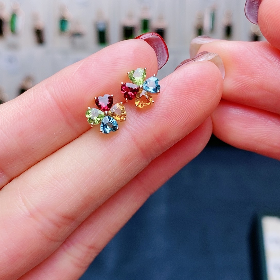 碧玺耳钉彩色18K金镶嵌