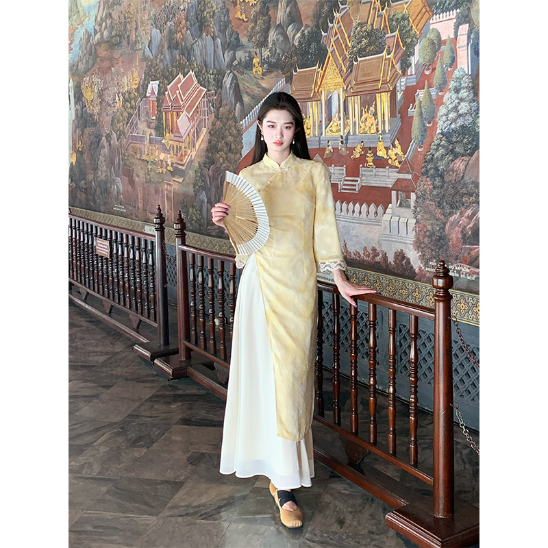 凌茜【挽春归】新中式烧花改良旗袍春夏高开叉蕾丝拼接唐装裙子