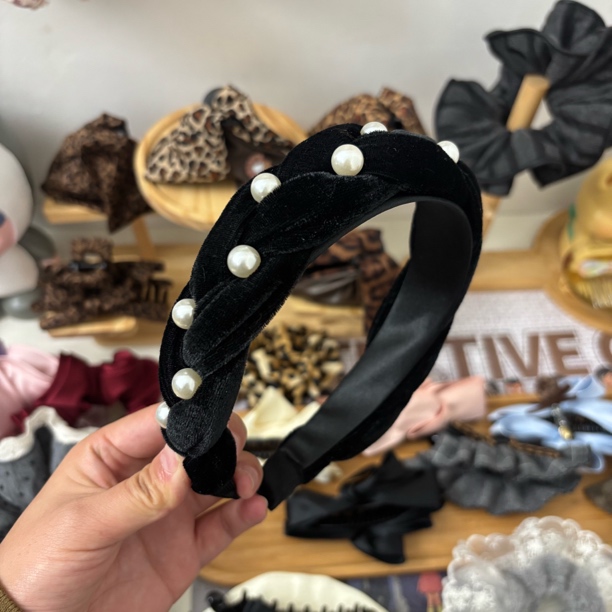 复古丝绒珍珠发箍女网红高级感蓬松高颅顶显脸小辫子发箍 C005