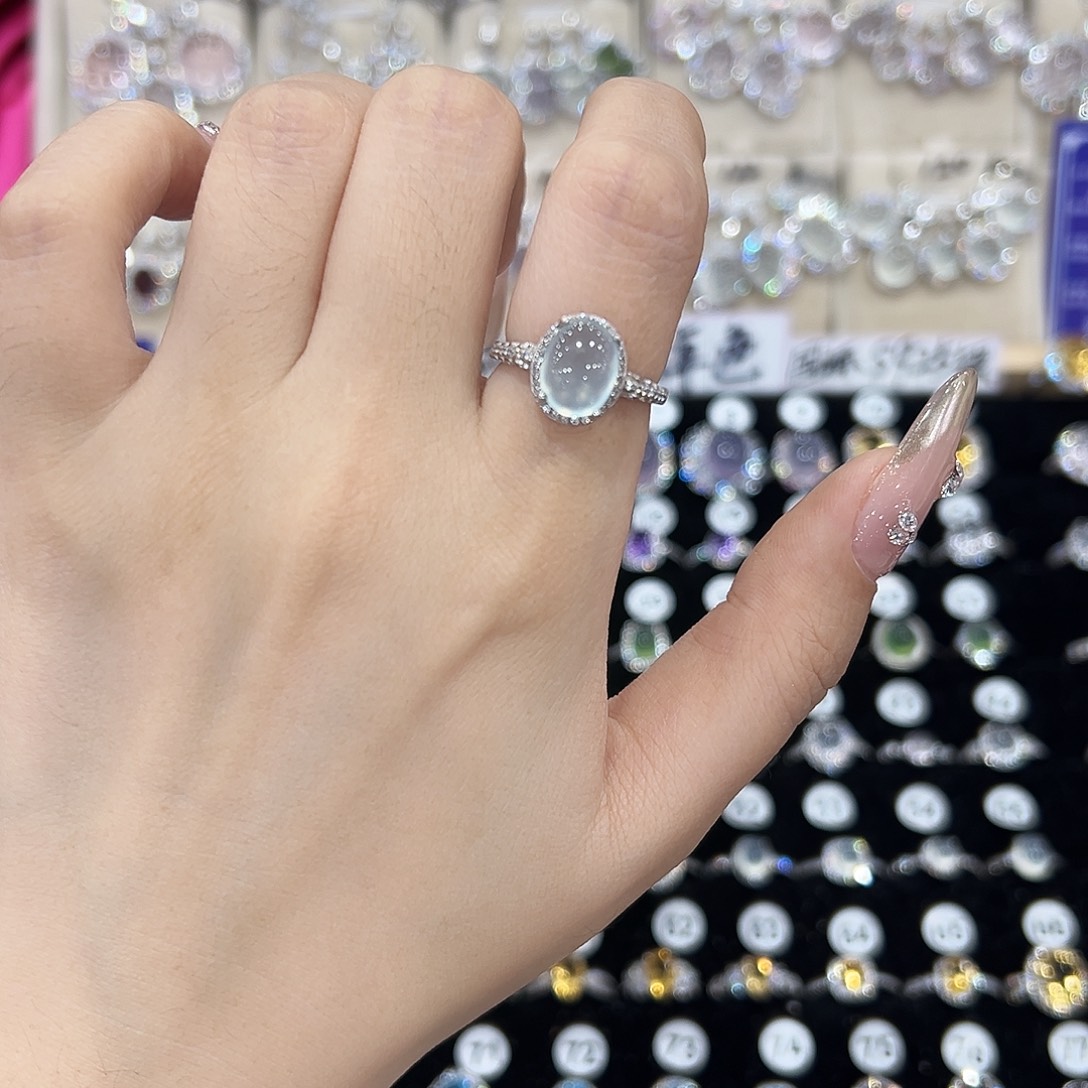 蛇纹石玉银S925镶嵌戒指天青冻微棉