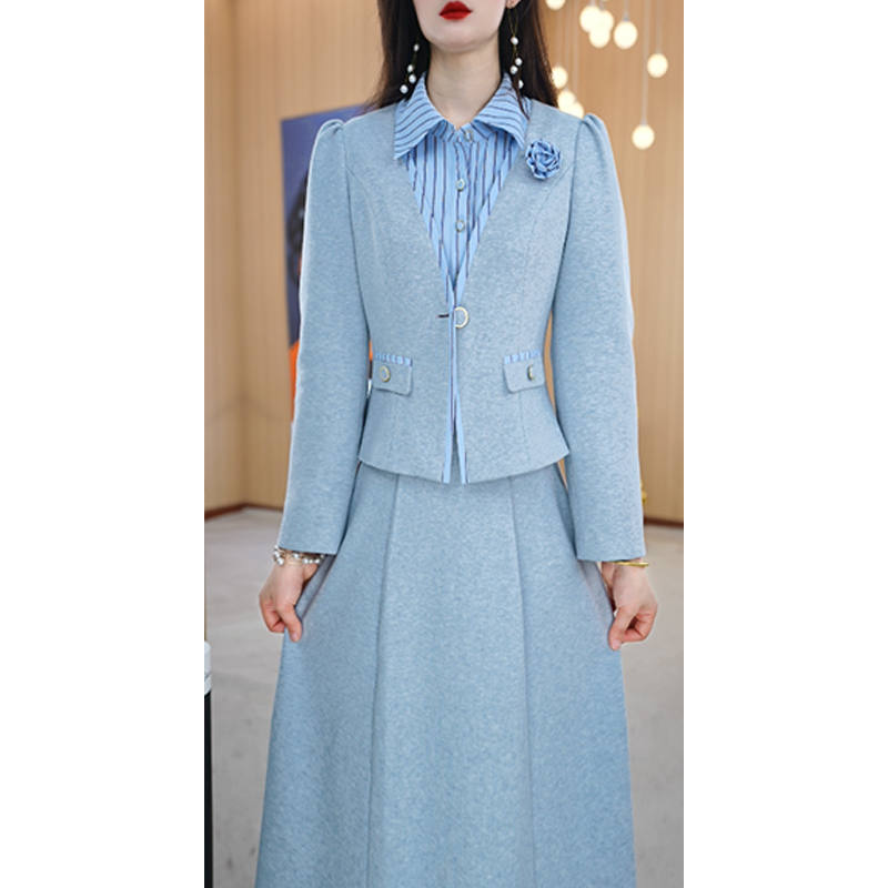 【两件套】春季翻领气质条纹修身简约通勤中长款长袖两件套M-4XL