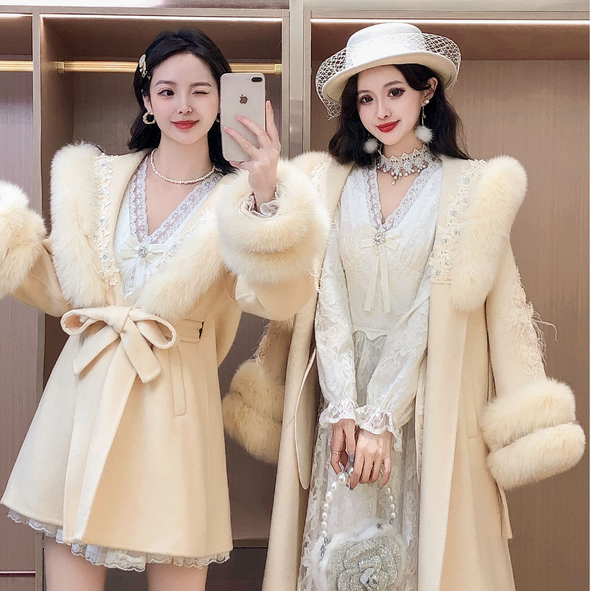 艾日秀毛绒镶边刺绣毛呢外套宽松版型秋冬贵气优雅显瘦大衣H0190