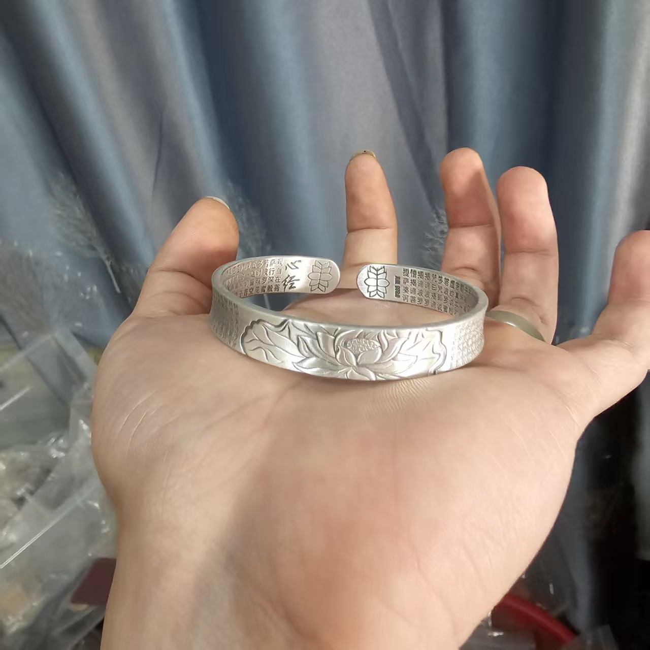 足银手镯 足银莲花内外心经手镯