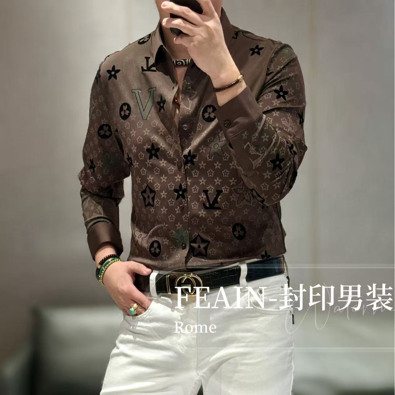 高端男士立体激光雕花植绒奥钻点缀长袖衬衫7609