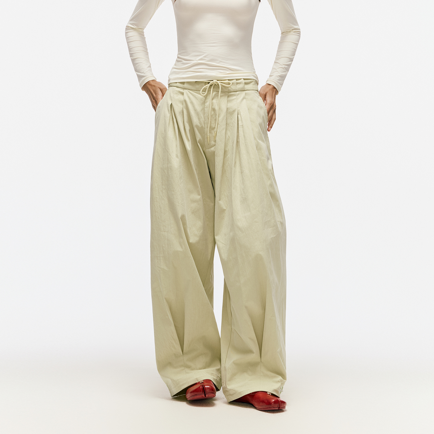 NORYBRAND 女生系列廓形工字褶宽松轻松出门骑士裤百搭弯刀长裤