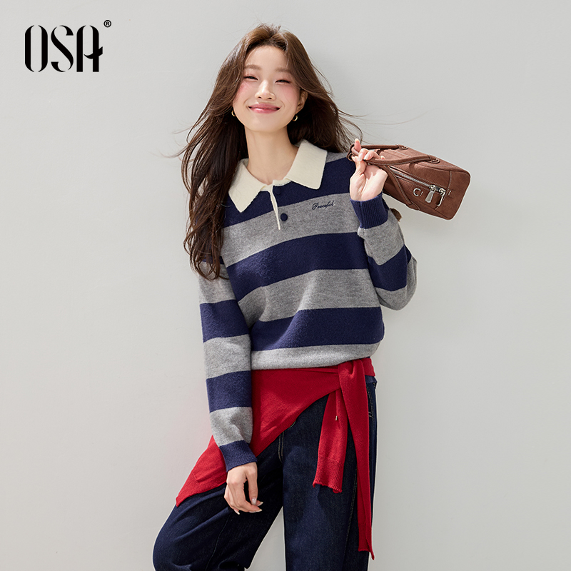 OSA/欧莎 学院风条纹polo领针织衫女复古百搭长袖毛衣S125D16021