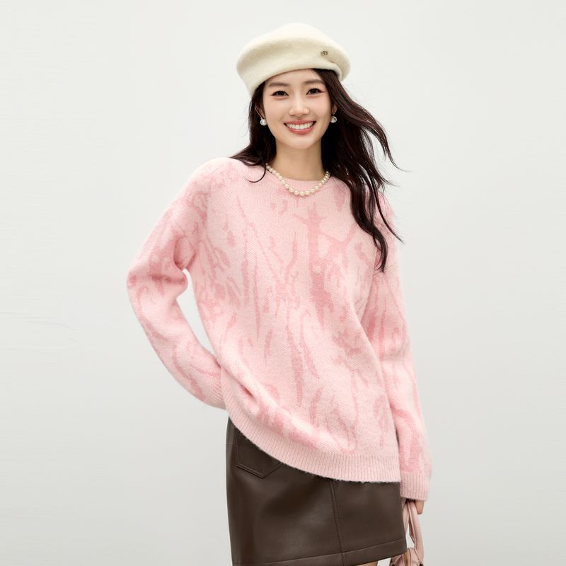 甜美圆领花纹针织衫女装优雅风舒适上衣冬季新款