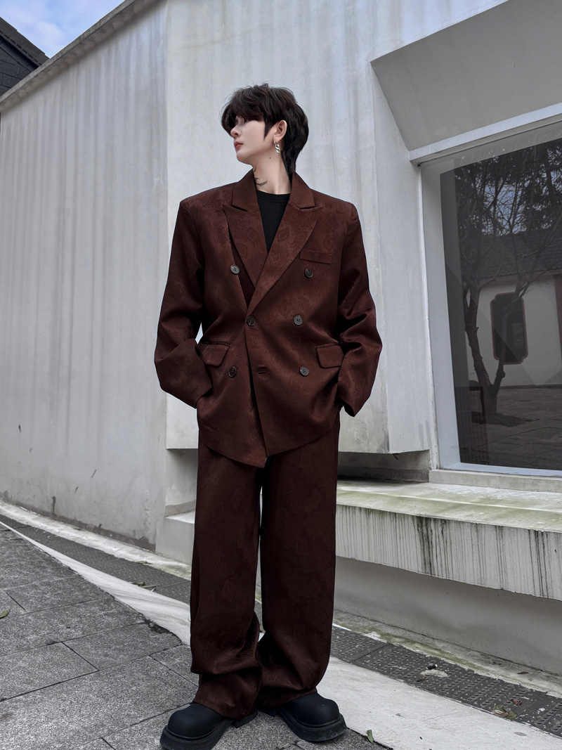 H2091高级感暗纹男士西装套装时尚潮流穿搭造型设计个性两件套