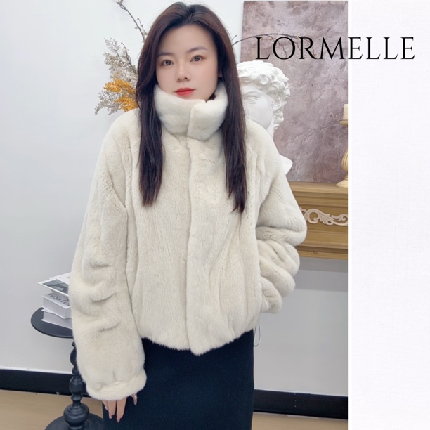 珞媄“北极光”蓝宝石天鹅绒水貂皮草女短外套的立领休闲9323
