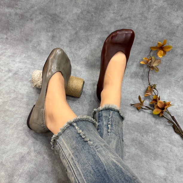 2025新款复古真皮浅口方头平底单鞋女软底休闲文艺妈妈鞋829-5