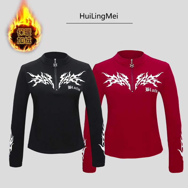  25上新时尚印花半拉链曳舞休闲百搭女修身磨绒长袖T恤