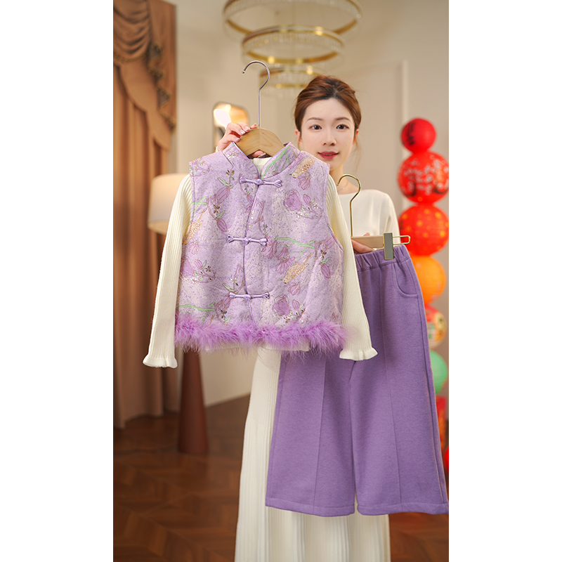 女童冬季国风套装2025新款夹棉新中式设计款女孩中大童套装5003
