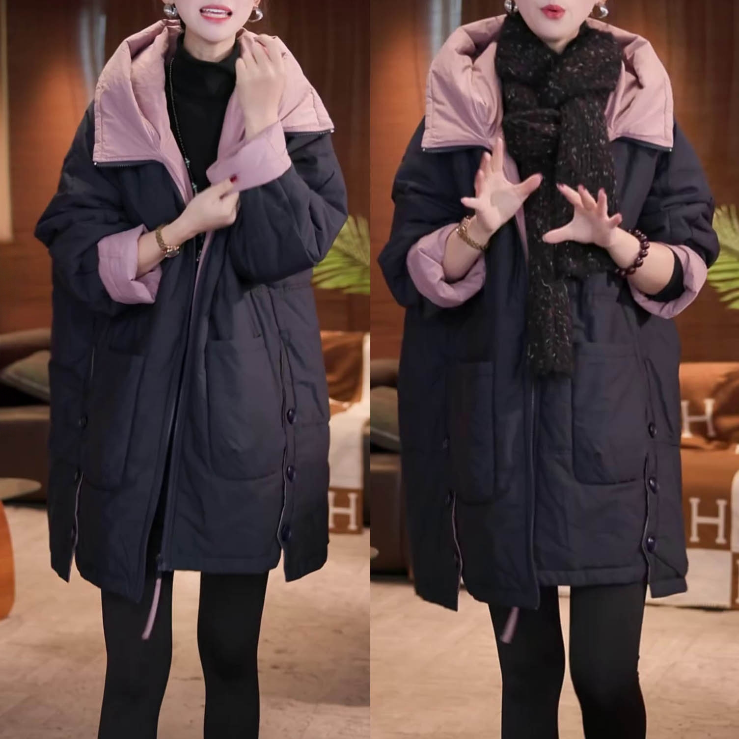 时尚气质高档连帽棉服外套2025冬季新款加厚保暖中长款双面穿棉衣