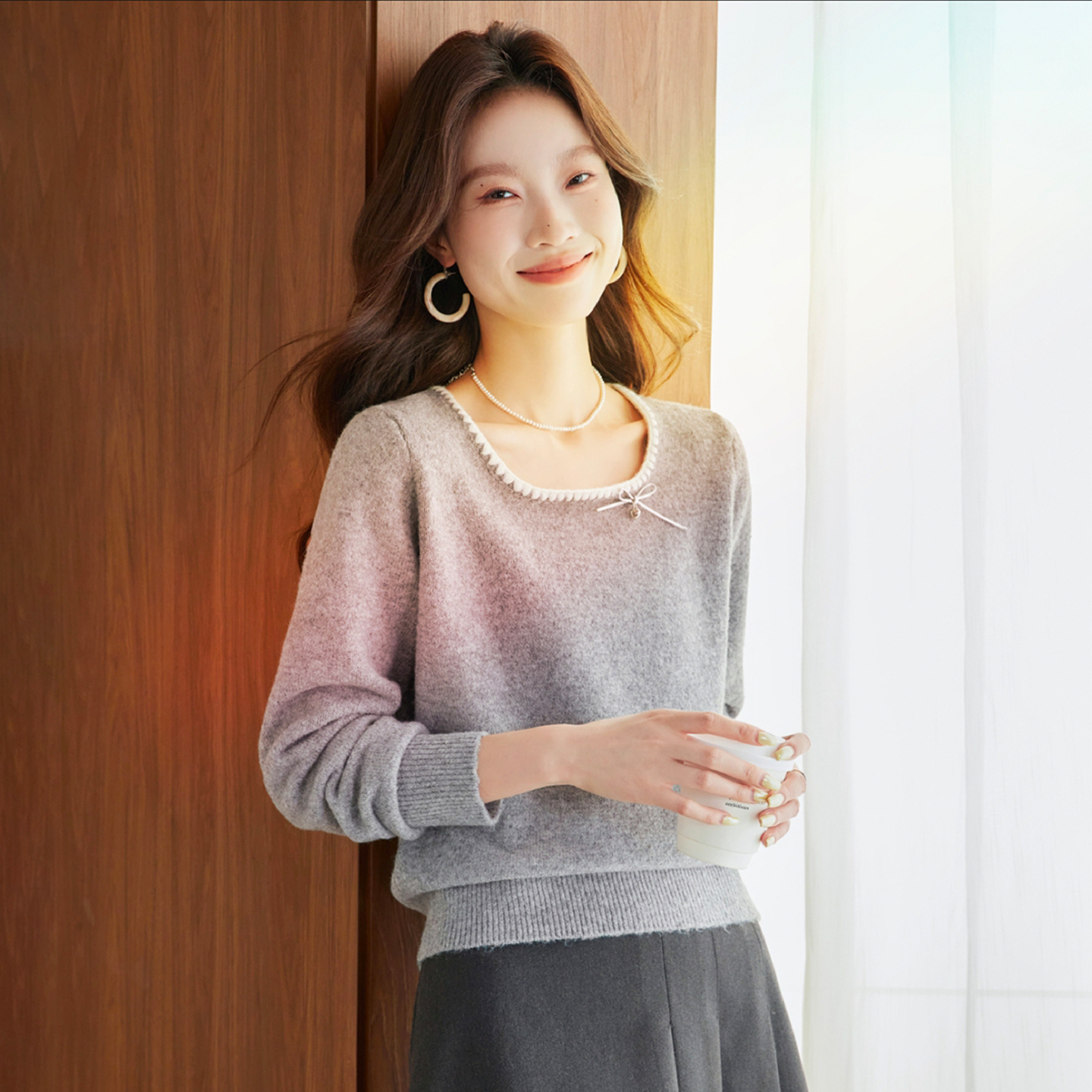 秋冬季女款通勤针织羊毛衫女时尚毛衣高级感花边低圆领打底衫上衣