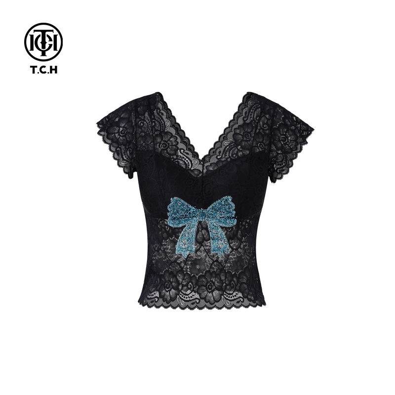 TCH烫钻工艺蕾丝蝴蝶结时尚薄背心吊带女T75A03E5020轻奢tch