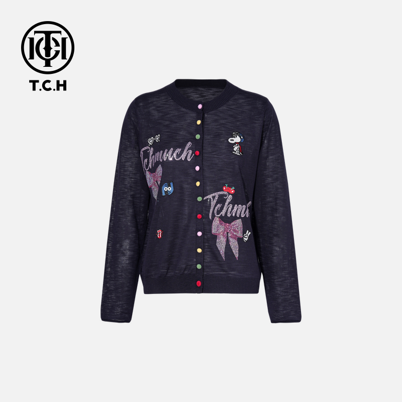 TCH烫钻工艺时尚休闲百搭卡通针织开衫女T75A43E5070轻奢tch上衣