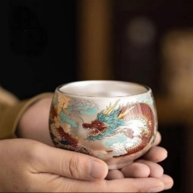 ZH3456-周鸿杰祥龙鎏银禅定主人杯孔雀杯茶杯