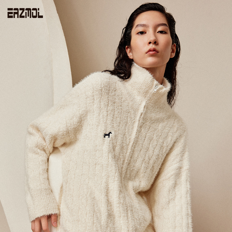 EAZMOL立领小马刺绣开衫家居服套装女冬仿貂绒半边绒加厚保暖睡衣