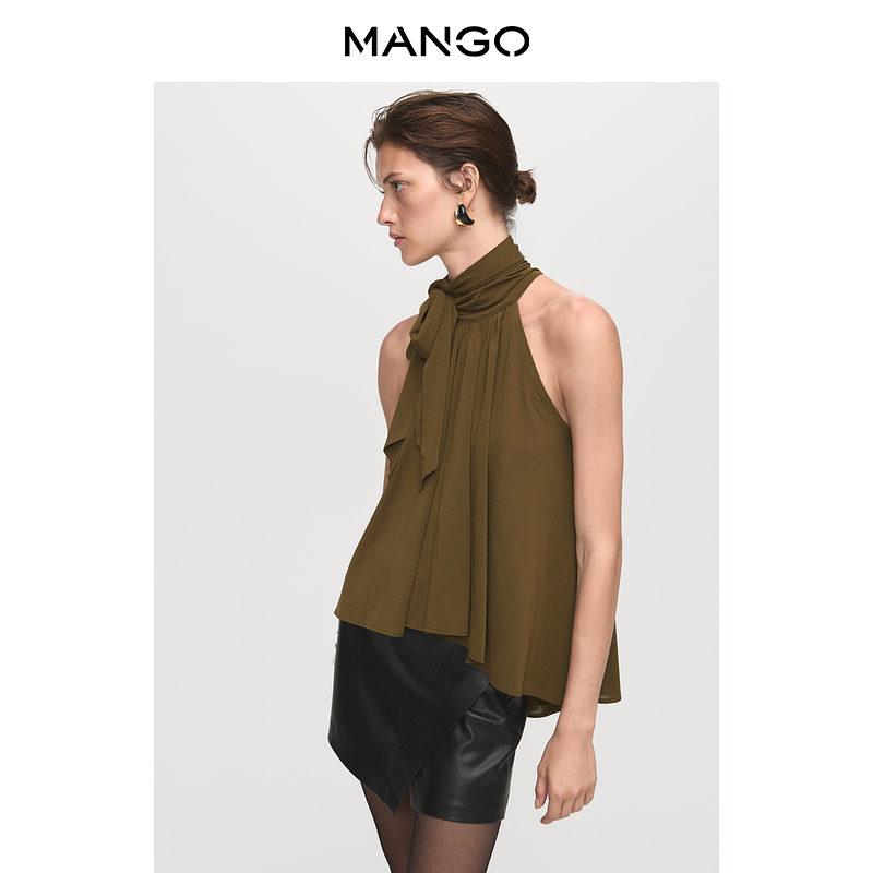 MANGO女装吊带背心2025秋装新款简约优雅无袖系带露肩挂脖背心