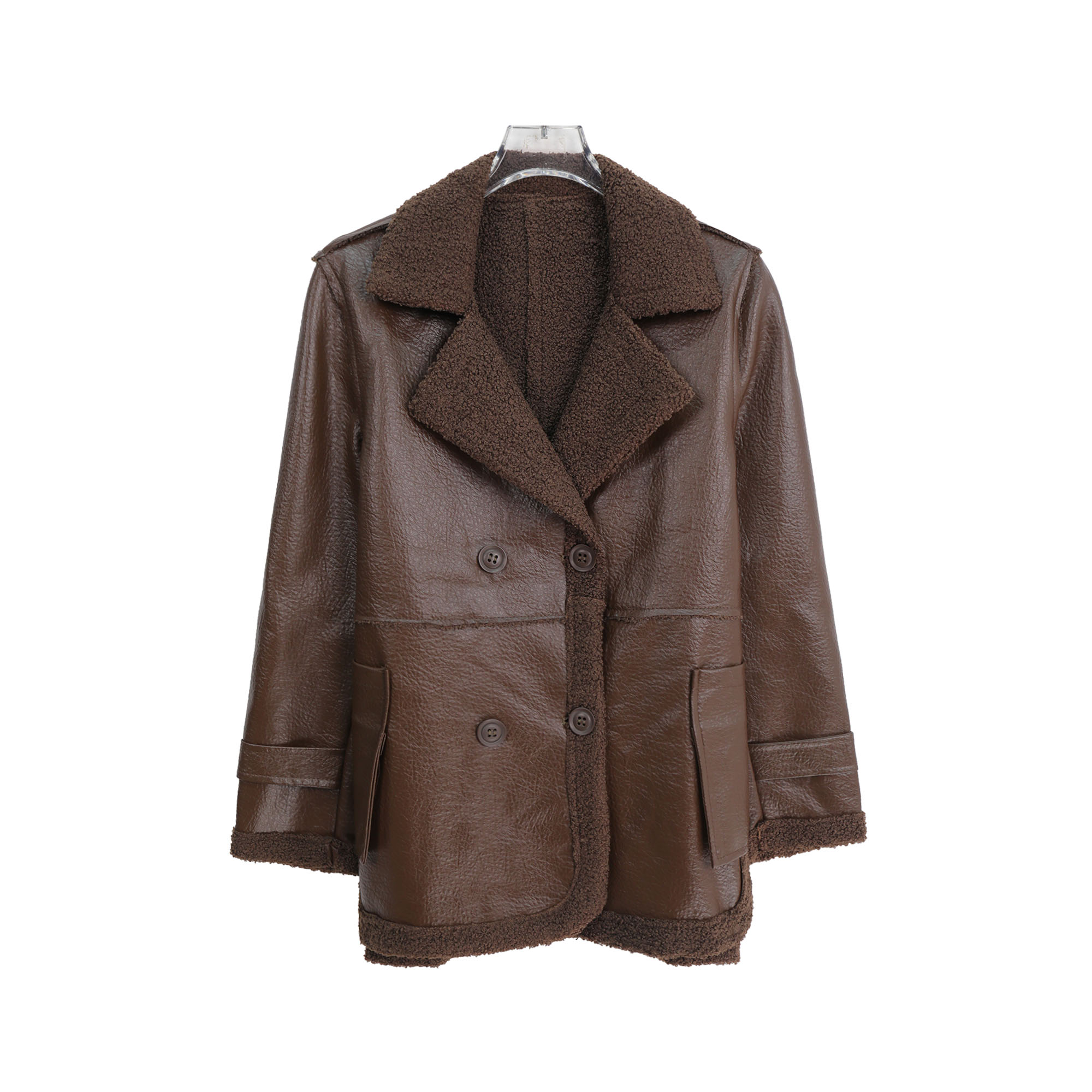 翻领拼接复古机车风潮流双排扣外套X27382