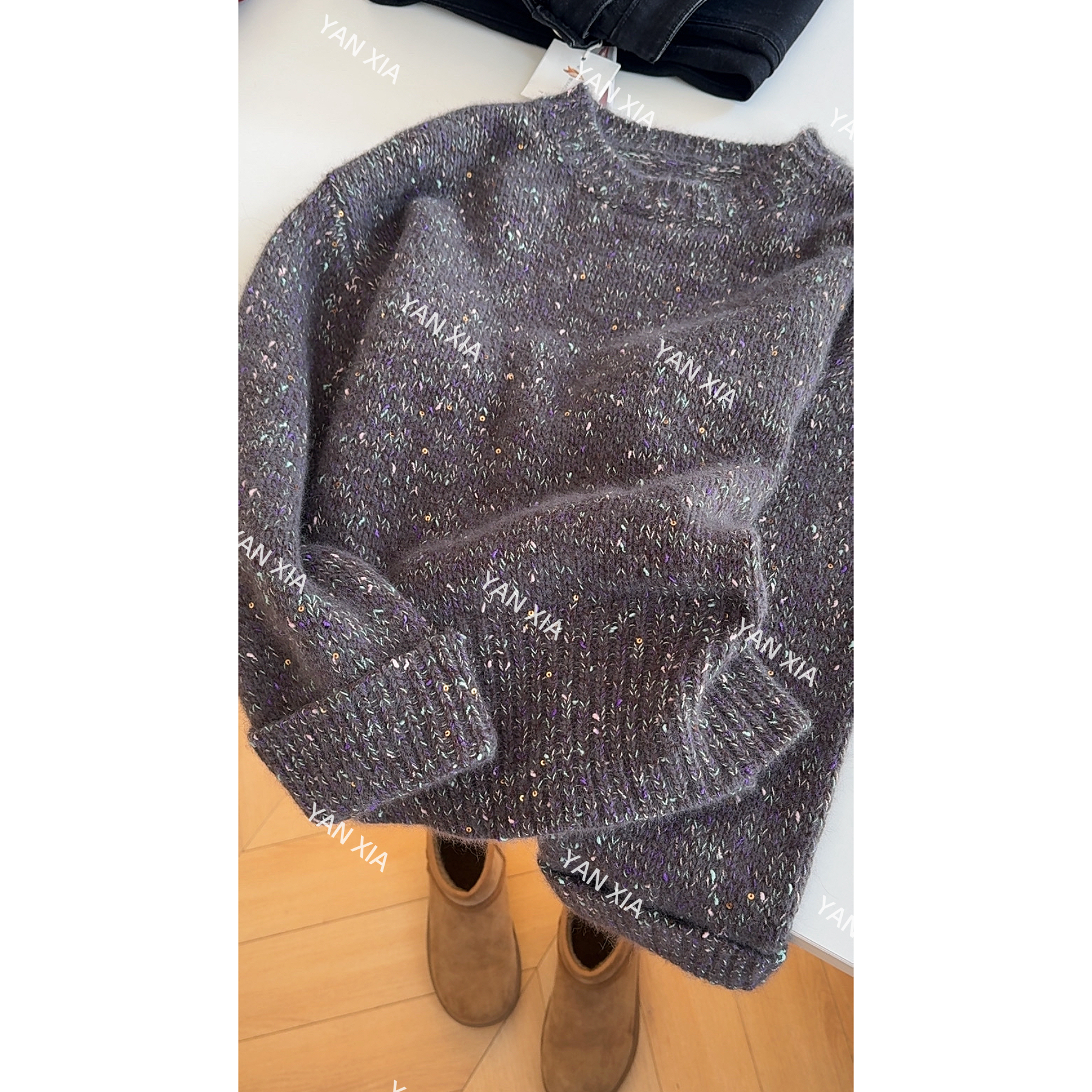 颜色超美! 绵羊毛混纺毛衣 点子纱彩点圆领套头毛衣 巨美