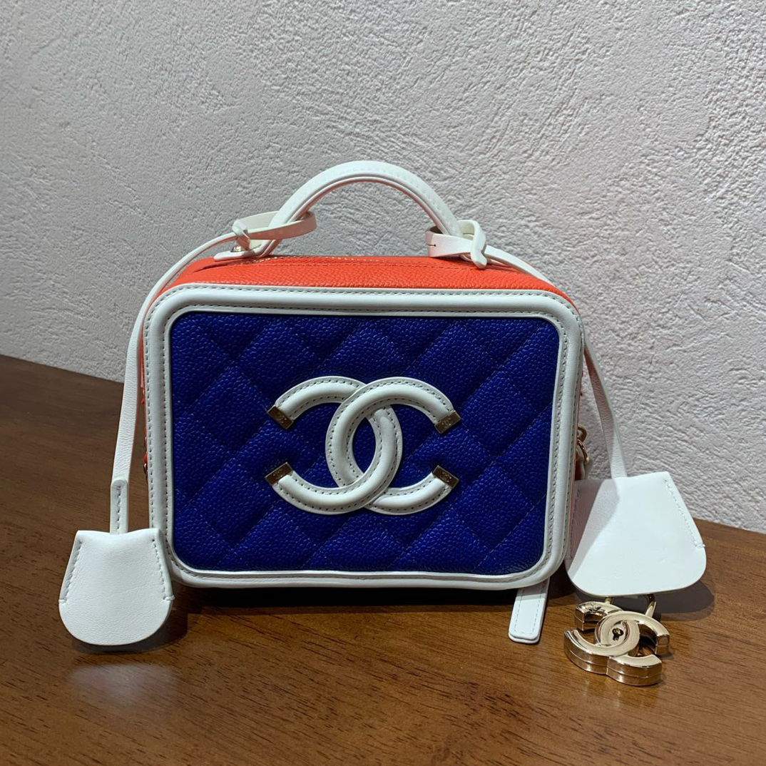 99新 Chanel/香奈儿 19C蓝白红拼色荔枝牛相机包 