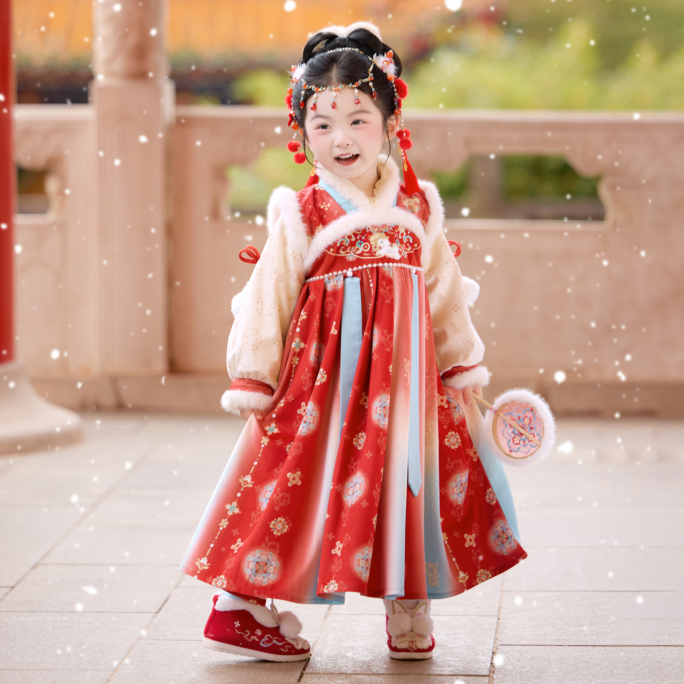 古月家汉服女童冬儿童国风仙气加绒表演襦裙女孩红色连衣裙拜年服