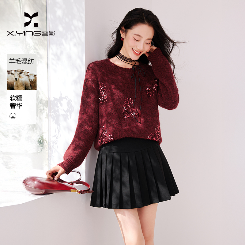 【直播专享】M85W022毛针织衫 香影爱心亮片红色套头毛衣女冬季新