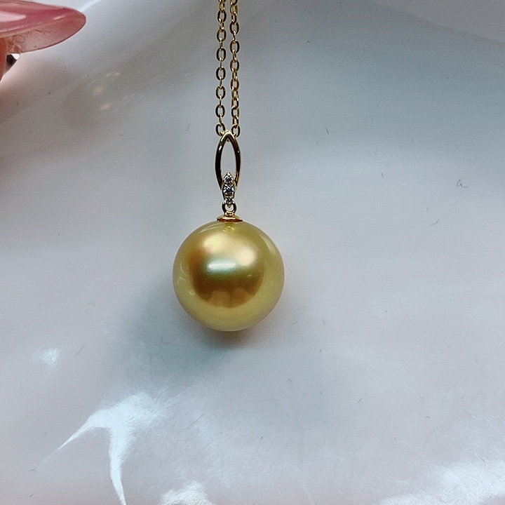 海水珍珠吊坠(不含链)18K金镶嵌南洋金珠13-14mm