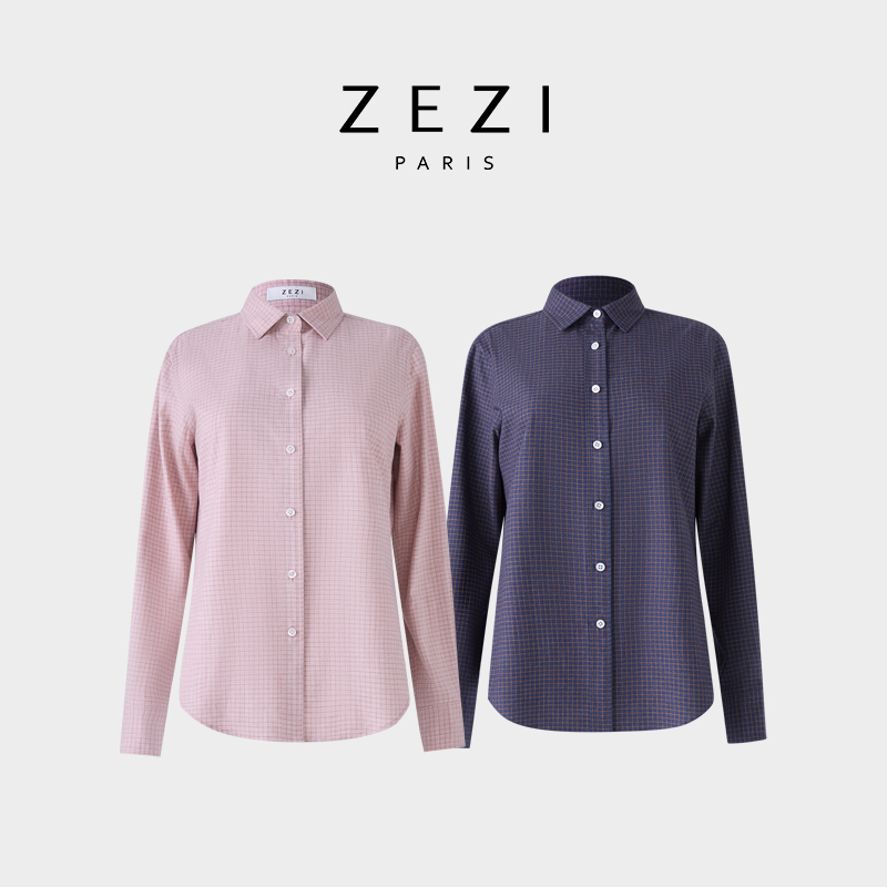 ZEZI棉+羊绒格纹衬衫长袖休闲女士衬衣时尚经典百搭开衫秋冬新款