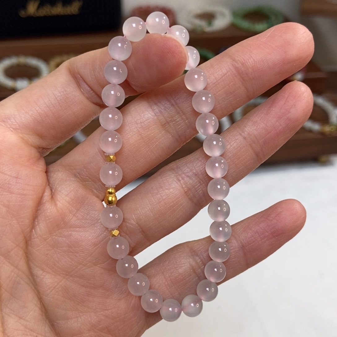 和田玉18K金镶嵌手链5.8mm高冰藕粉猫