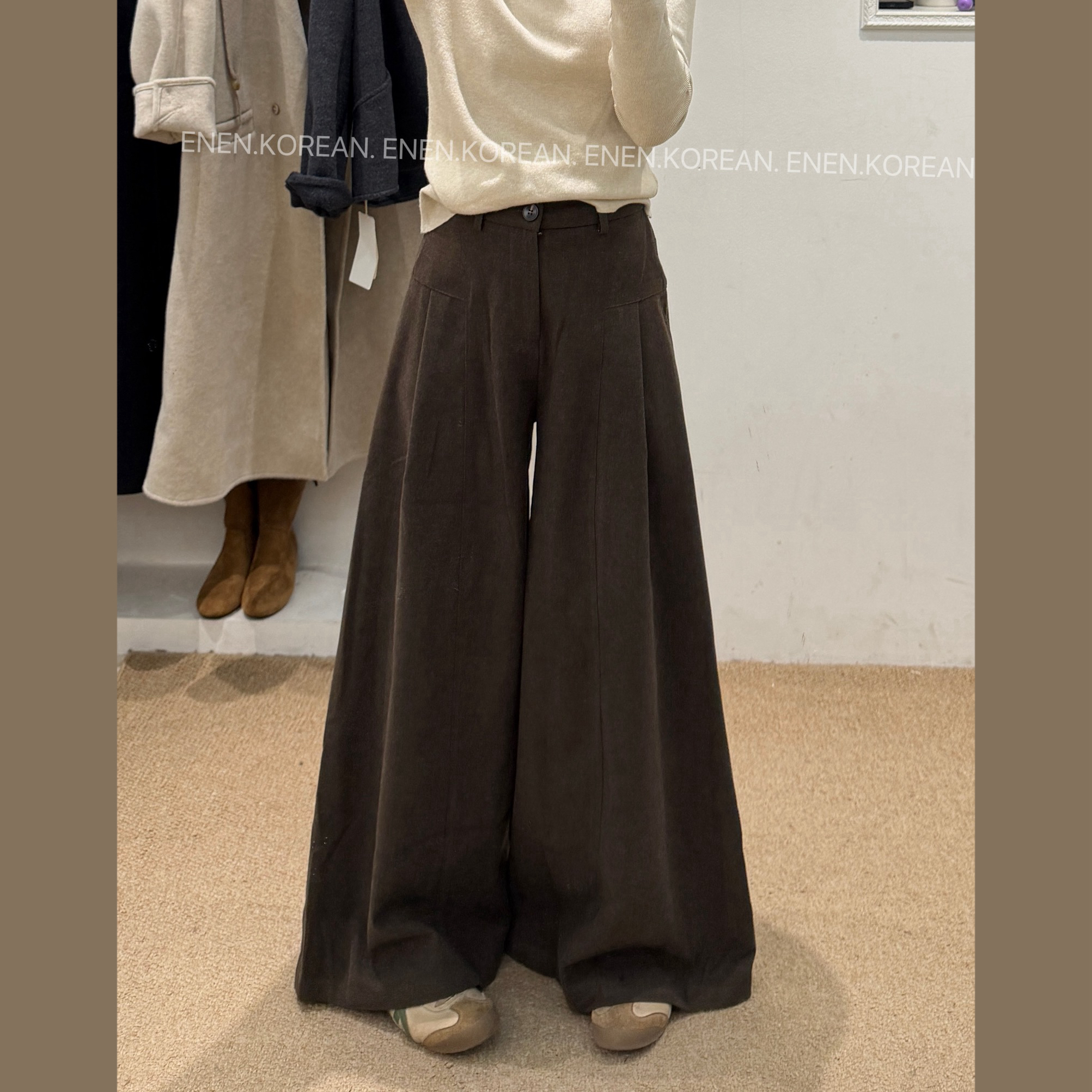 ENEN‘’焦点裤”韩系大牌高腰压褶垂感高级感宽松显瘦呢子拖地裤