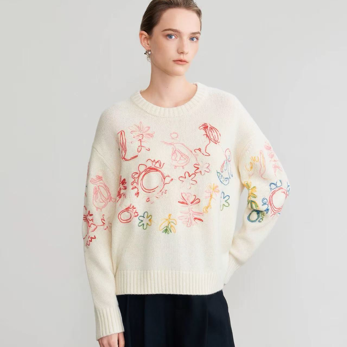 新款时尚重工刺绣花朵针织衫女7583