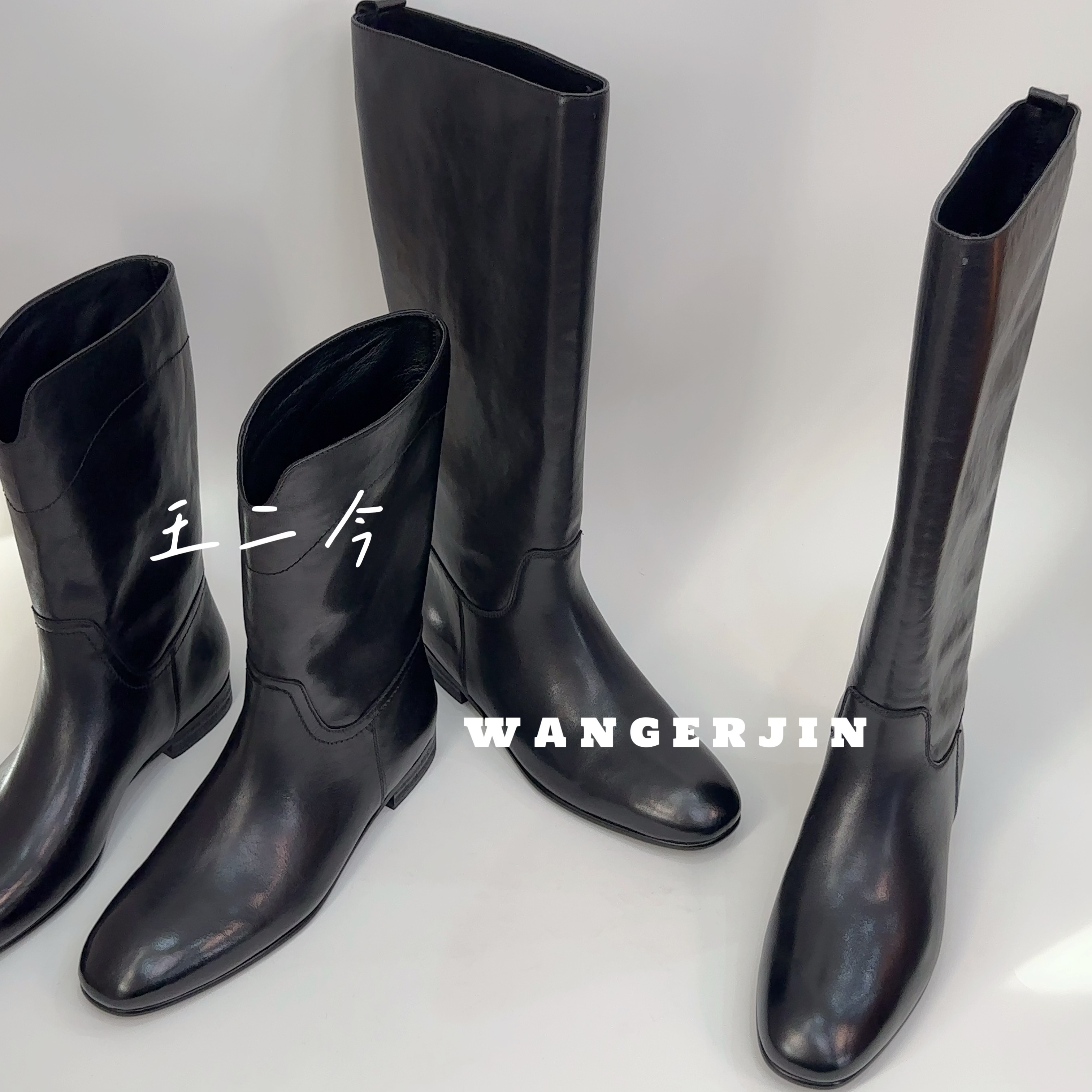 【王二今】牛皮/3CM/极简高级重工水洗植鞣酷飒A骑士靴中长筒短靴