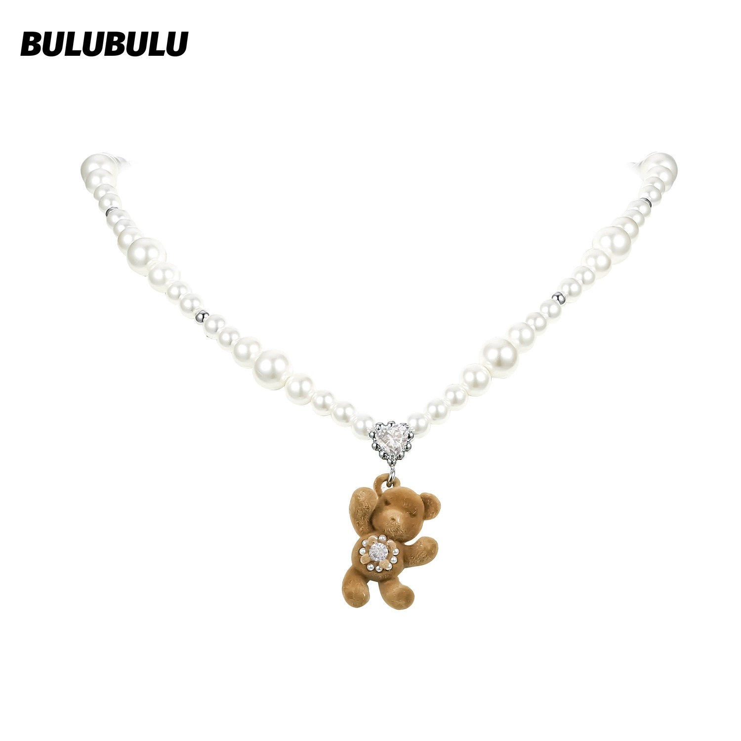 合金锆石项链 BULUBULU美拉德植绒小熊项链爱心锆石珍珠锁骨颈链