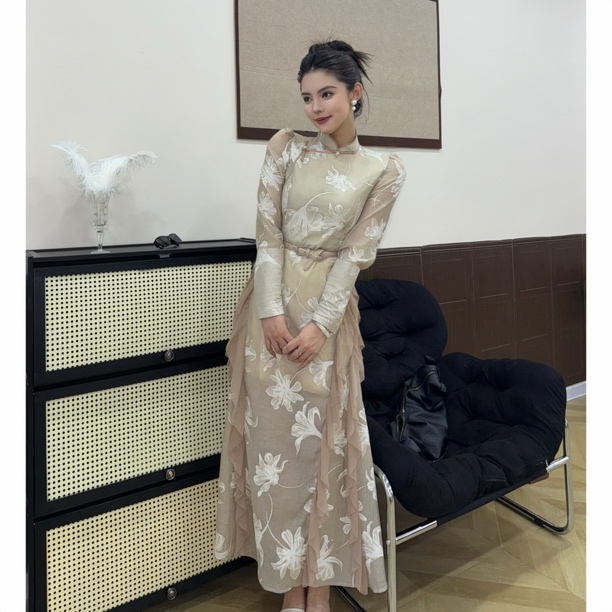 【大树蒙古袍】DS081沙海花踪蒙氏牛奶丝直喷印花高定长裙