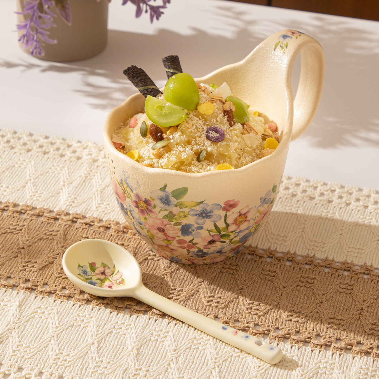 【朵雅丽】兰花系列高颜值曲把杯陶瓷杯子早餐杯燕麦片杯创意水杯