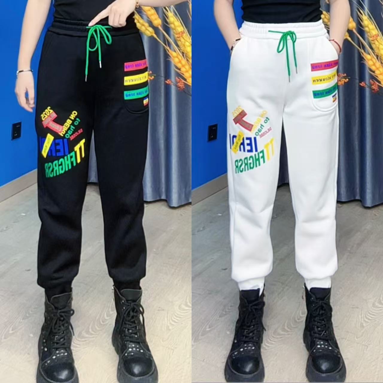 853-1秋冬季时尚洋气高腰抽绳松紧腰直筒印花字母裤休闲卫裤女