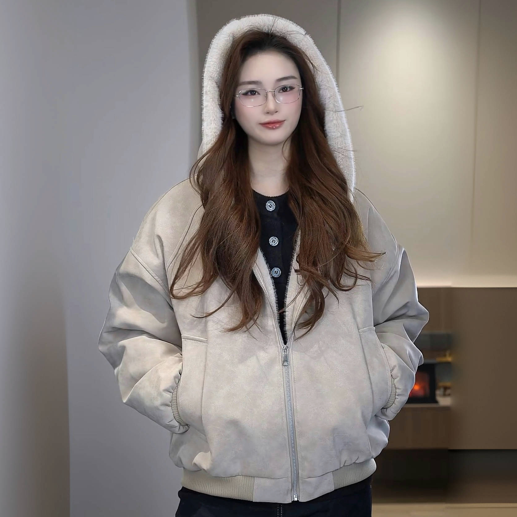 冬装新款PU皮座山雕棉服男女同款加厚加绒大理石防兔毛情侣装棉衣