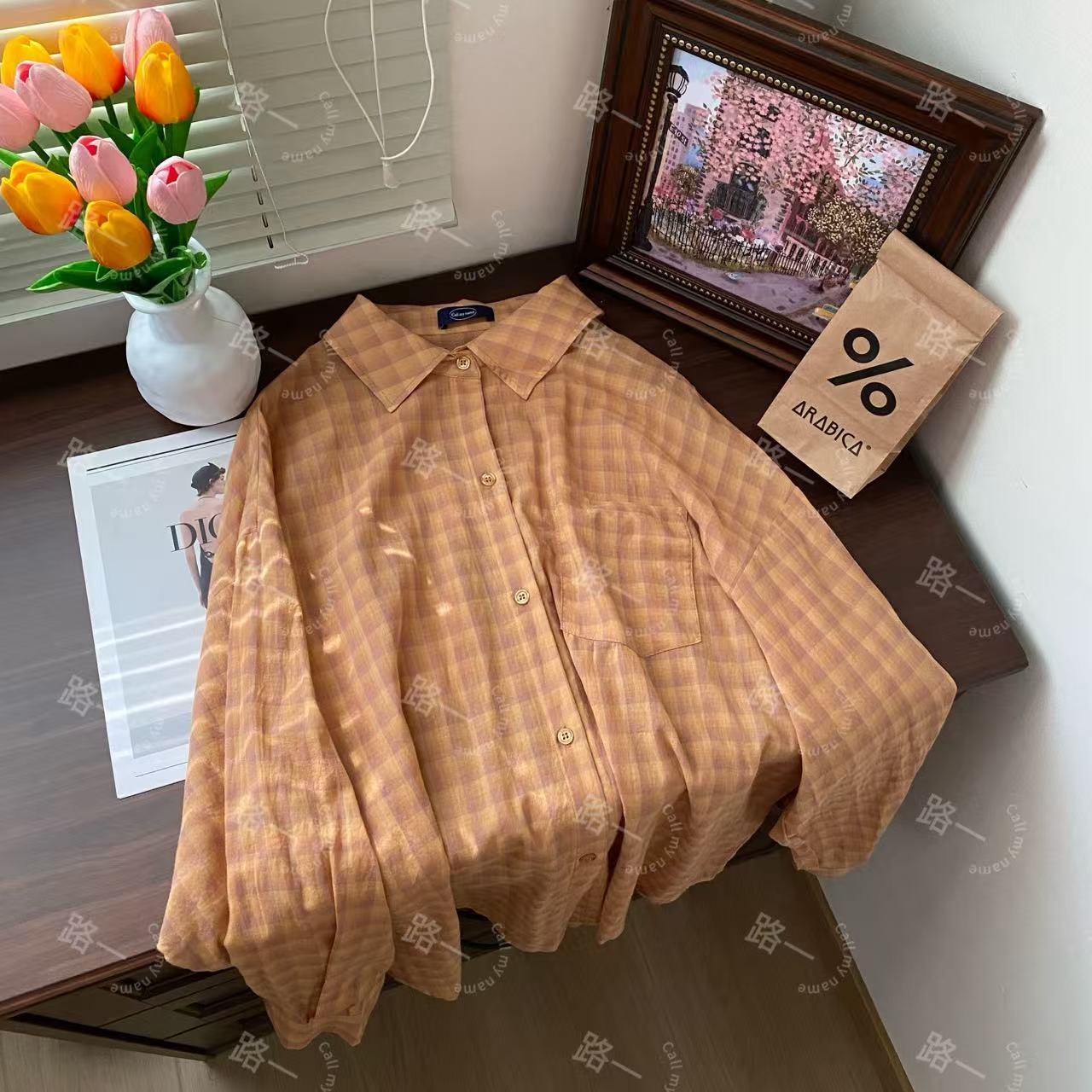 韩国代购.  Call my name  洋橘  格子防晒衬衫L25053139