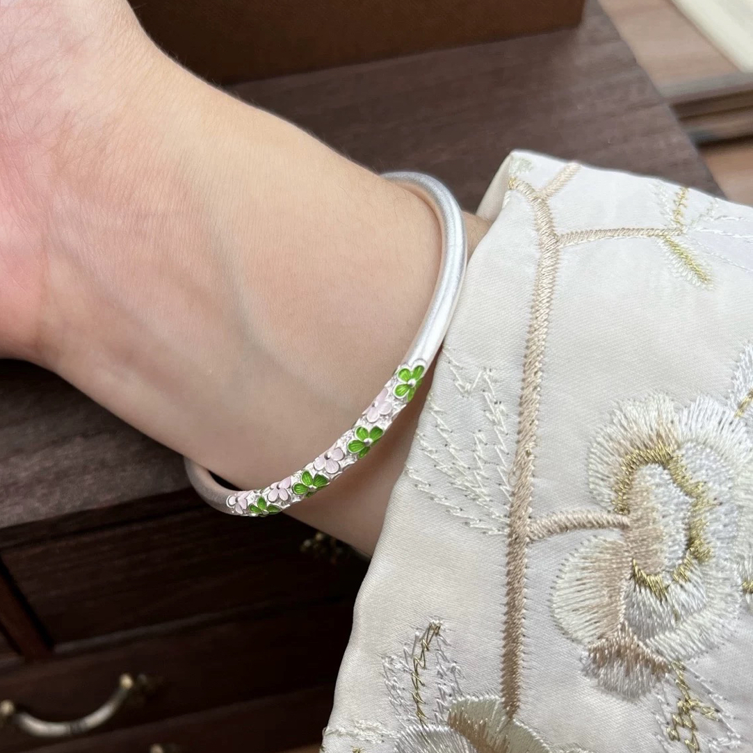 足银手镯 足银9999纯银手镯女珐琅彩梅花实心镯子古法新中式闭口
