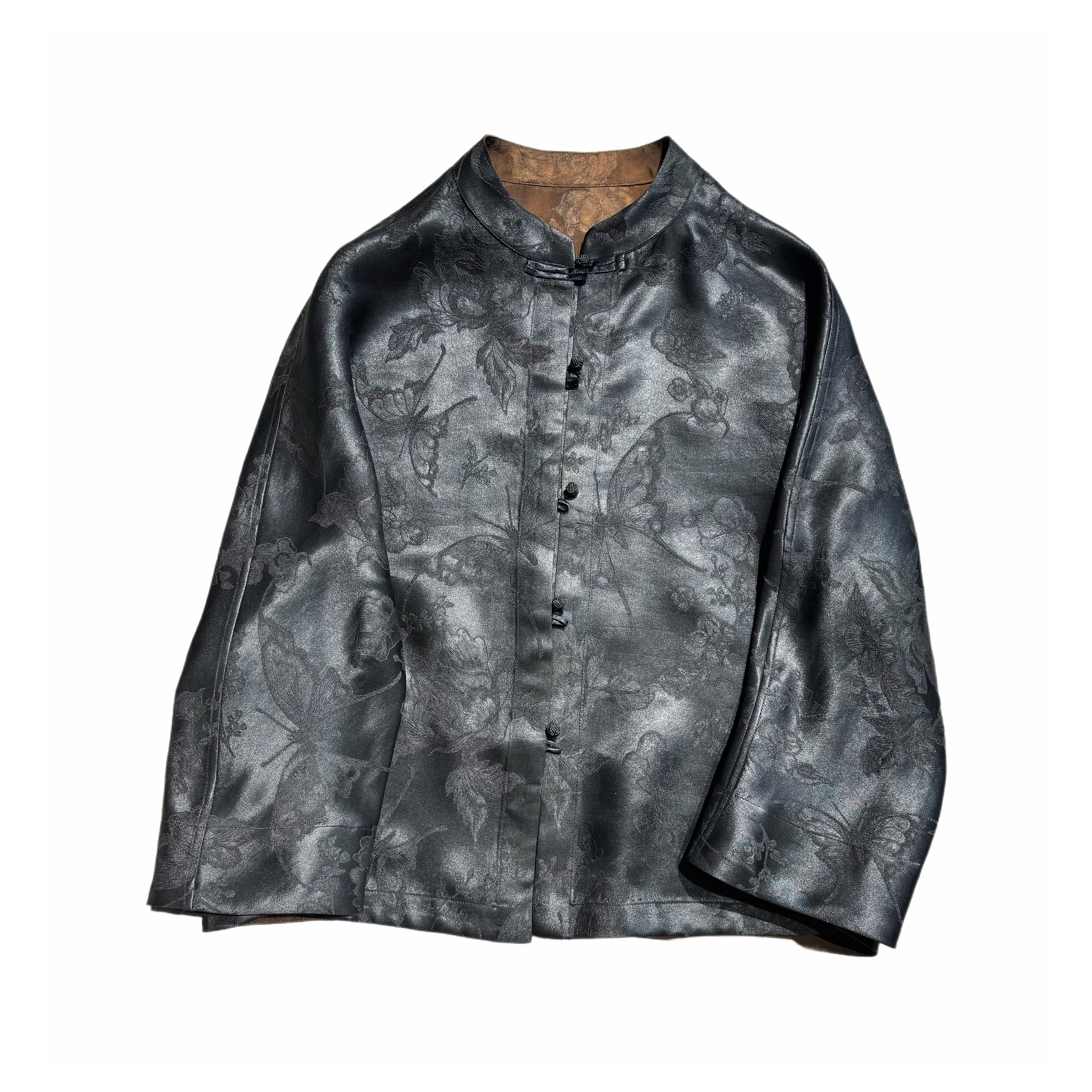 【非遗香云纱】新中式盘扣50姆米重缎老料油皮蝴蝶花时尚百搭上衣