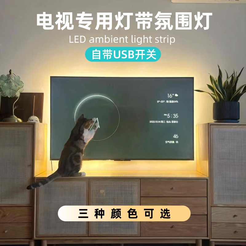 客厅电视氛围灯LEDUSB接口带开关白光暖白灯带自粘式网红灯家用